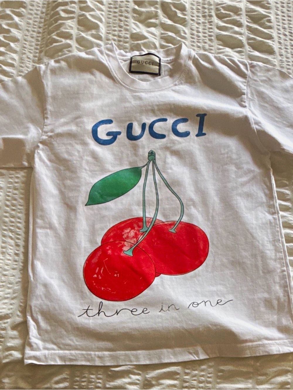 Gucci White Tee with Red Cherry Graphic and Green Leaves